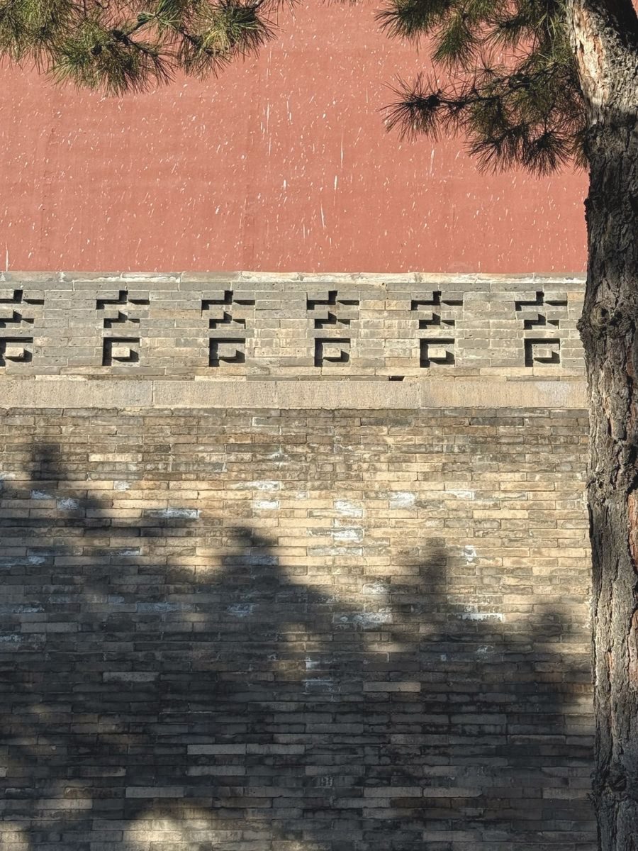 A pale grey brick wall with geometric openwork beneath a red palace wall and a pine branch
